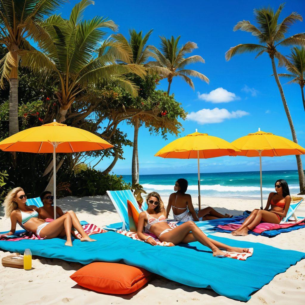A vibrant beach scene featuring a diverse group of stylishly dressed people in chic swim and beach attire, lounging on colorful towels under bright umbrellas, with sparkling waves in the background. Include a clear blue sky with fluffy white clouds, a surfboard propped up nearby, and tropical plants framing the scene, all evoking a joyful summer vibe. super-realistic. vibrant colors. sunny atmosphere.