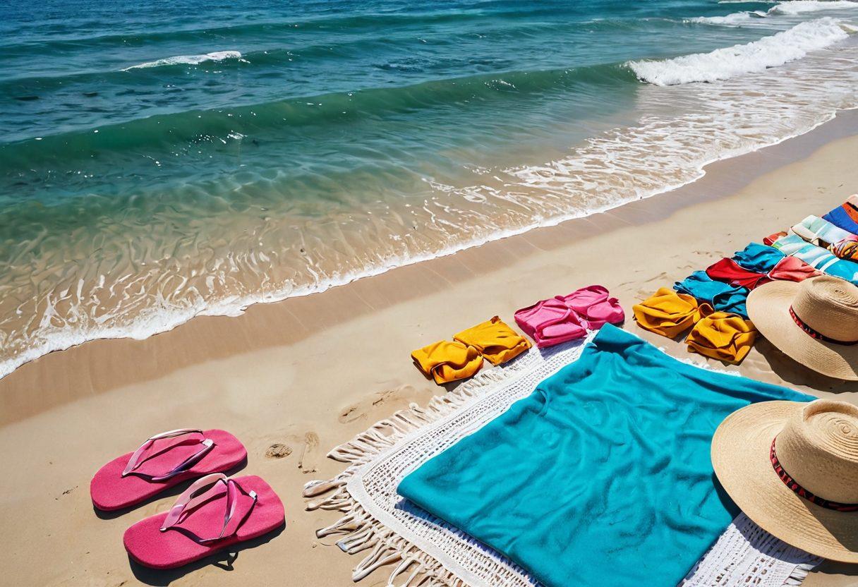 A vibrant beach scene showcasing stylish bikinis laid beautifully on soft sand, surrounded by essential beach accessories like colorful towels, sun hats, and sunscreen bottles. The ocean waves gently lap against the shore while a bright sun shines down, creating a joyful and inviting atmosphere. In the background, beachgoers enjoy the sun and surf, capturing the essence of summer fun. super-realistic. vibrant colors. bright blue sky.